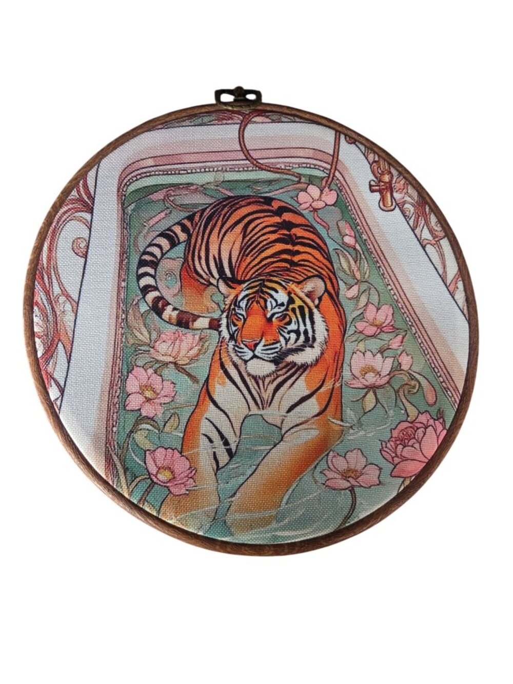 Tiger Bath Embroidery Hoop Art With Floral Design Wall Decor 8 Inches